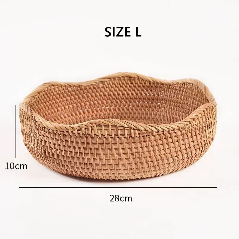 Cesta redonda de ratán para fruta, bandeja tejida de mimbre para aperitivos, organizador de alimentos para pan, almacenamiento de cocina, decoración del hogar