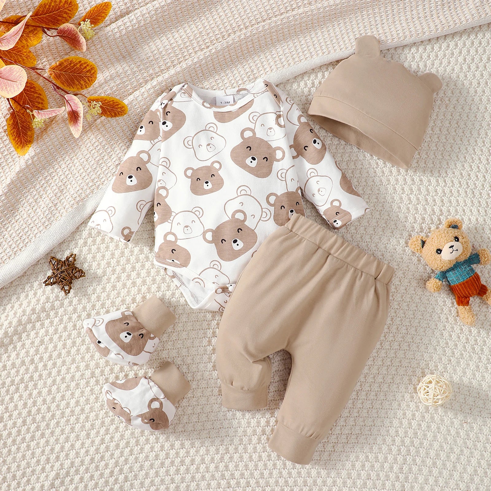 Conjunto de bebé de 0 a 9 meses, mono de manga larga de osito, pantalones, sombrero y calcetines, 4 unidades/juego, ropa de primavera y otoño para bebé recién nacido