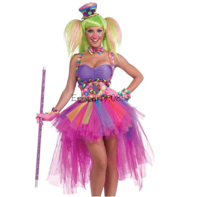 Disfraz de Halloween clásico, vestidos de Color caramelo, payaso de circo, disfraces de Cosplay, conjunto de ropa de rendimiento para fiesta de carnaval, vestido divertido