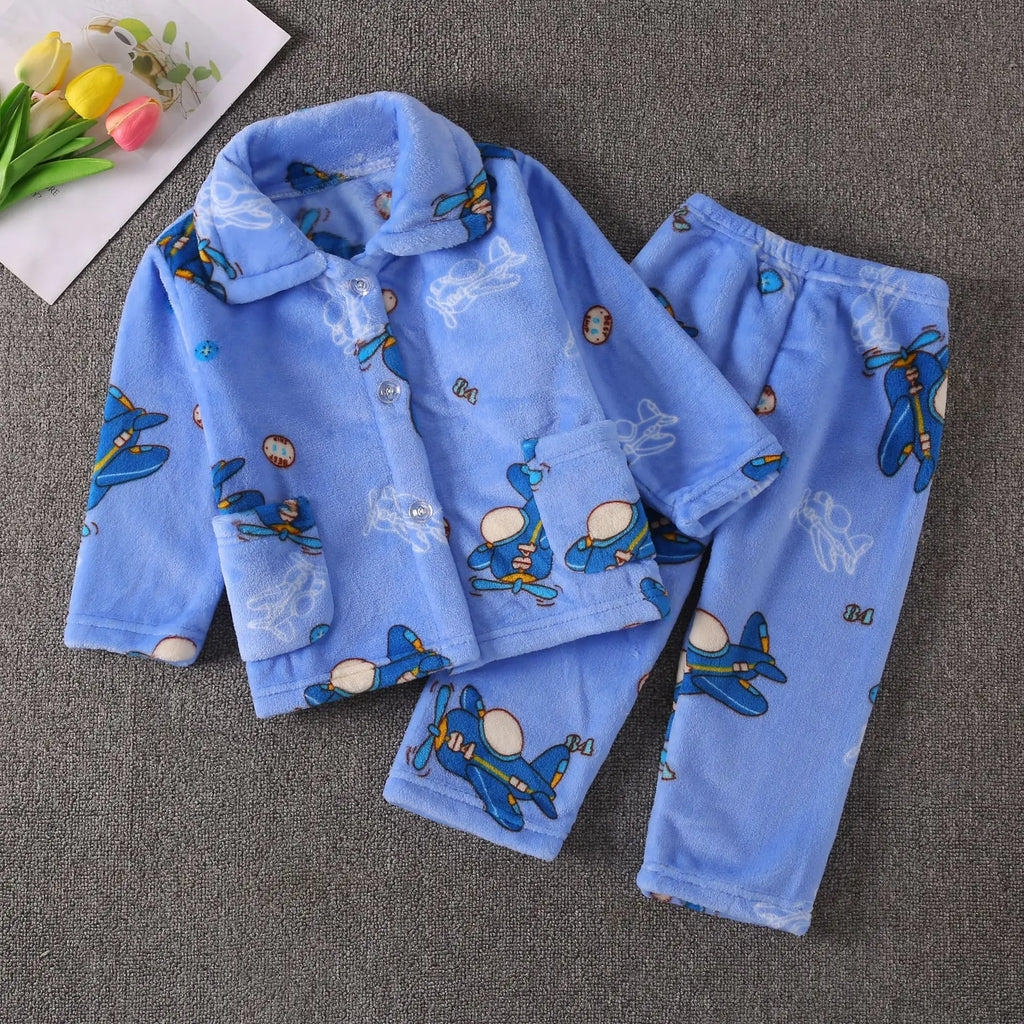 Conjuntos de pijamas cálidos de Franela suave para niños, abrigo con solapa de dibujos animados bonitos y pantalones, ropa de dormir informal para niños, Otoño e Invierno