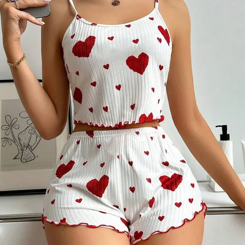 Conjunto de pijama para mujer, 2 piezas, camiseta corta sin mangas y pantalones cortos, tallas S, M, L, blanco, transpirable, suave, informal, estampado de amor.