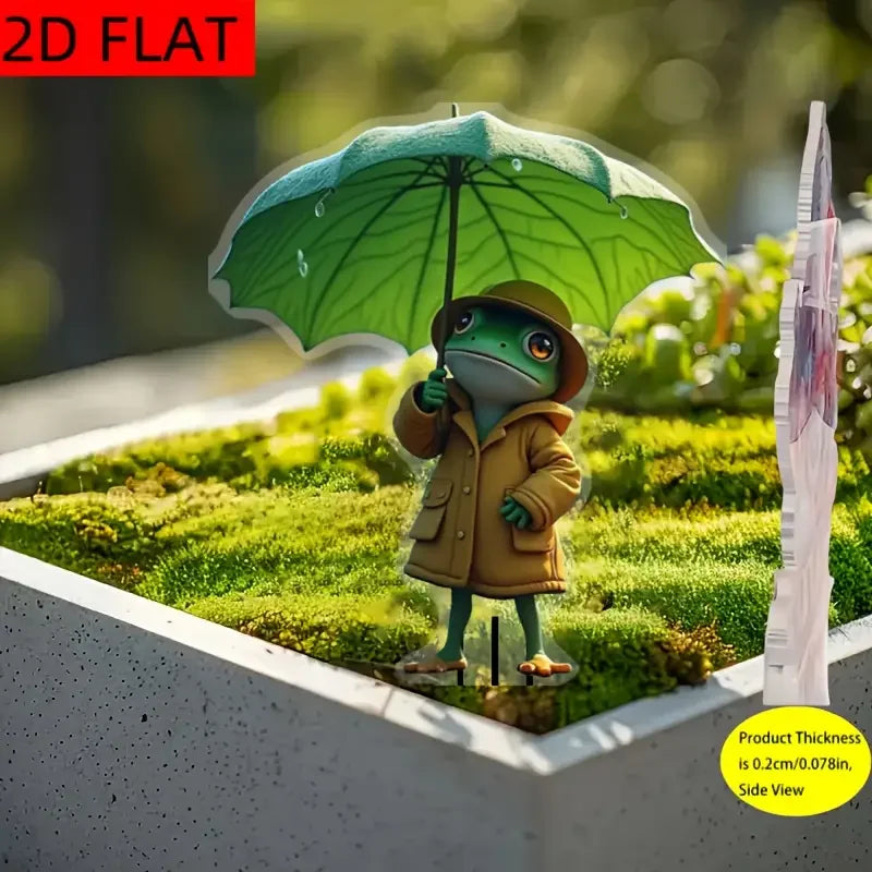 1 linda decoración de jardín al aire libre de rana, diseñada con un impermeable amarillo y un paraguas verde, decoración exterior multifuncional,