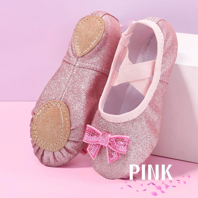 Zapatos de baile para niños, zapatos planos de Ballet para niñas, lazo de arcoíris, lentejuelas, cuero, suela blanda, actuación