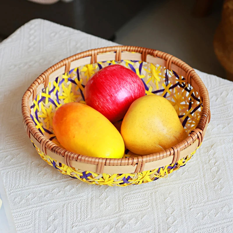 Cesta tejida colorida hecha a mano, bandeja de almacenamiento de aperitivos de frutas secas, cestas de almacenamiento de aperitivos de frutas secas hechas de bambú, cesta de picnic de frutas