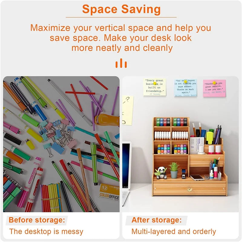 Organizador de escritorio de madera, portalápices ordenado de escritorio DIY, caja de almacenamiento de papelería de gran capacidad con cajón para el hogar, la Oficina y la escuela