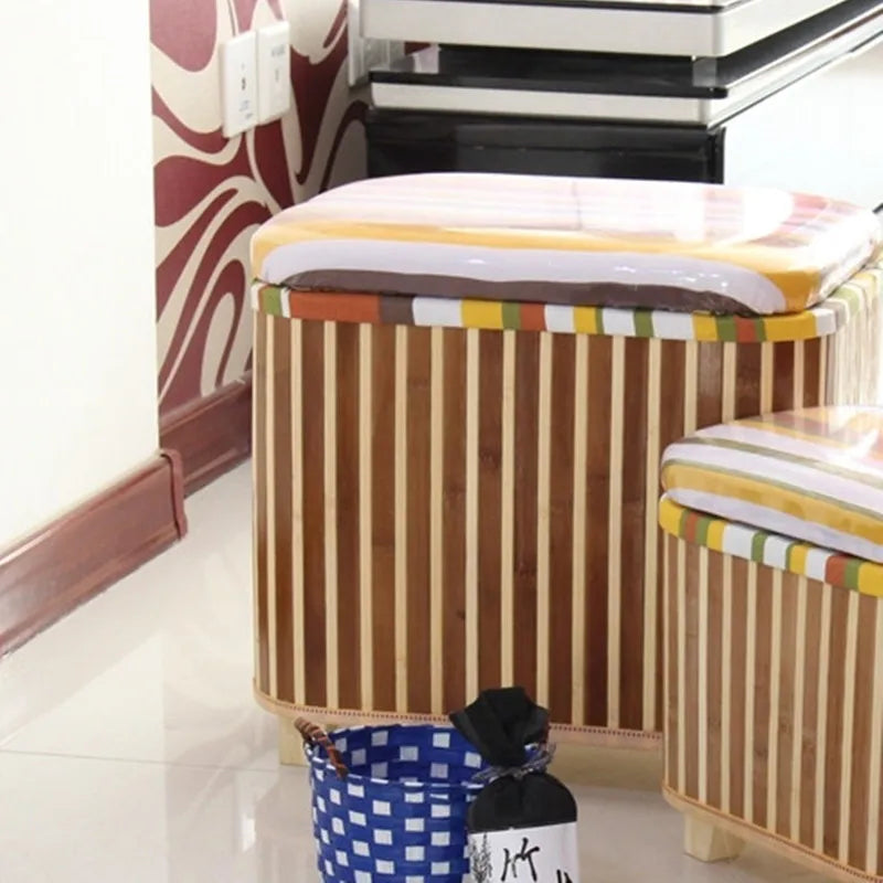 Taburete de almacenamiento tejido de bambú ecológico, caja organizadora multifuncional de madera, banco de sofá para pasillo, balcón, reposapiés para zapatos