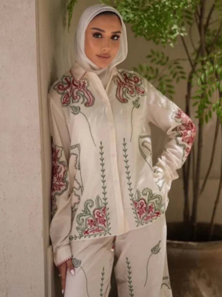 Conjunto de camisa de solapa bordada Retro, pantalón largo, camisas informales elegantes con una botonadura, conjuntos de pantalones rectos, trajes elegantes de verano