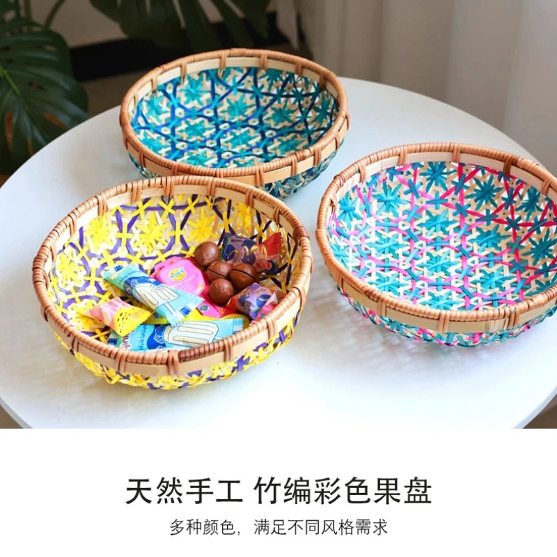 Cesta tejida colorida hecha a mano, bandeja de almacenamiento de aperitivos de frutas secas, cestas de almacenamiento de aperitivos de frutas secas hechas de bambú, cesta de picnic de frutas