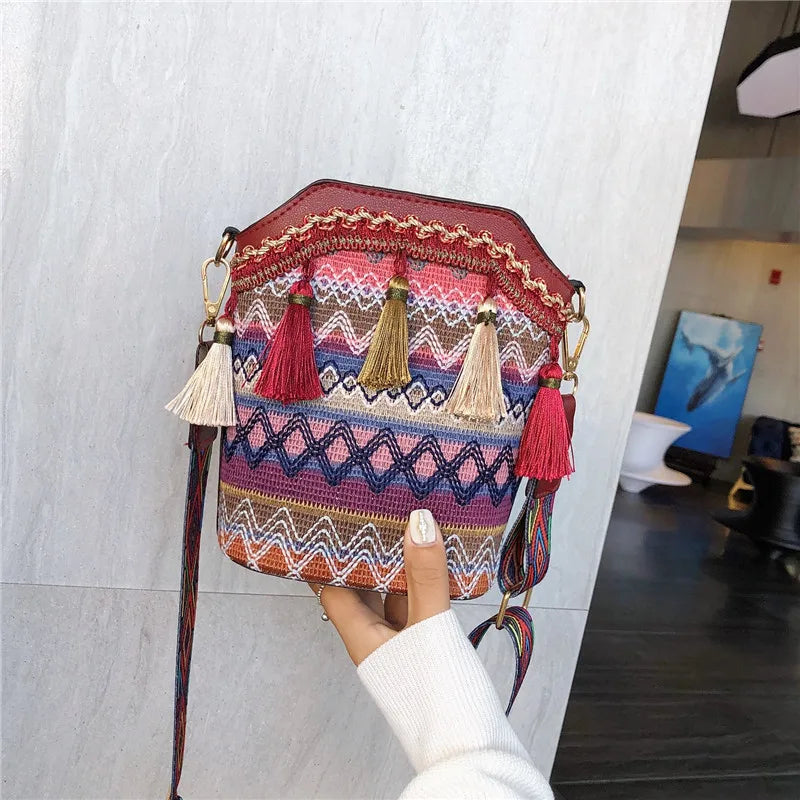 Bolso bohemio Vintage para mujer, bandolera tejida a mano con borlas, estilo étnico, bandolera Hippie