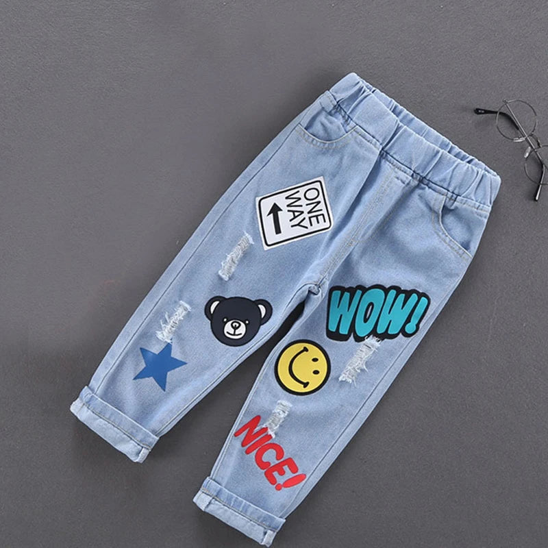 Primavera otoño niños Jeans niños algodón estampado empalme pantalones vaqueros elásticos pantalones coreanos para adolescentes ropa para niños DenimRipped