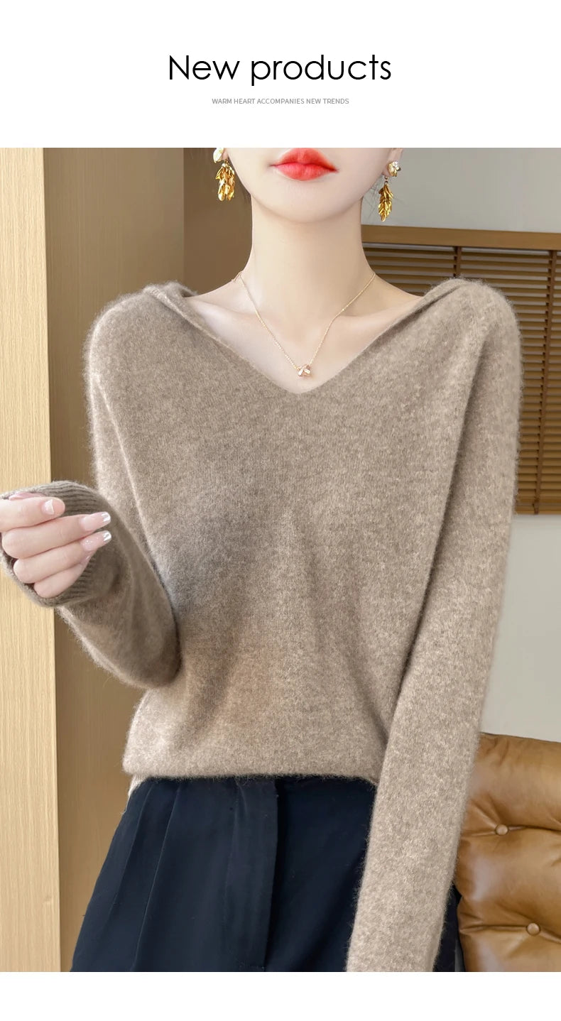Ropa de Otoño Invierno para mujer, jersey con cuello con capucha, suéter de lana merina de 100%, Tops de Cachemira a la moda, prendas de punto suaves