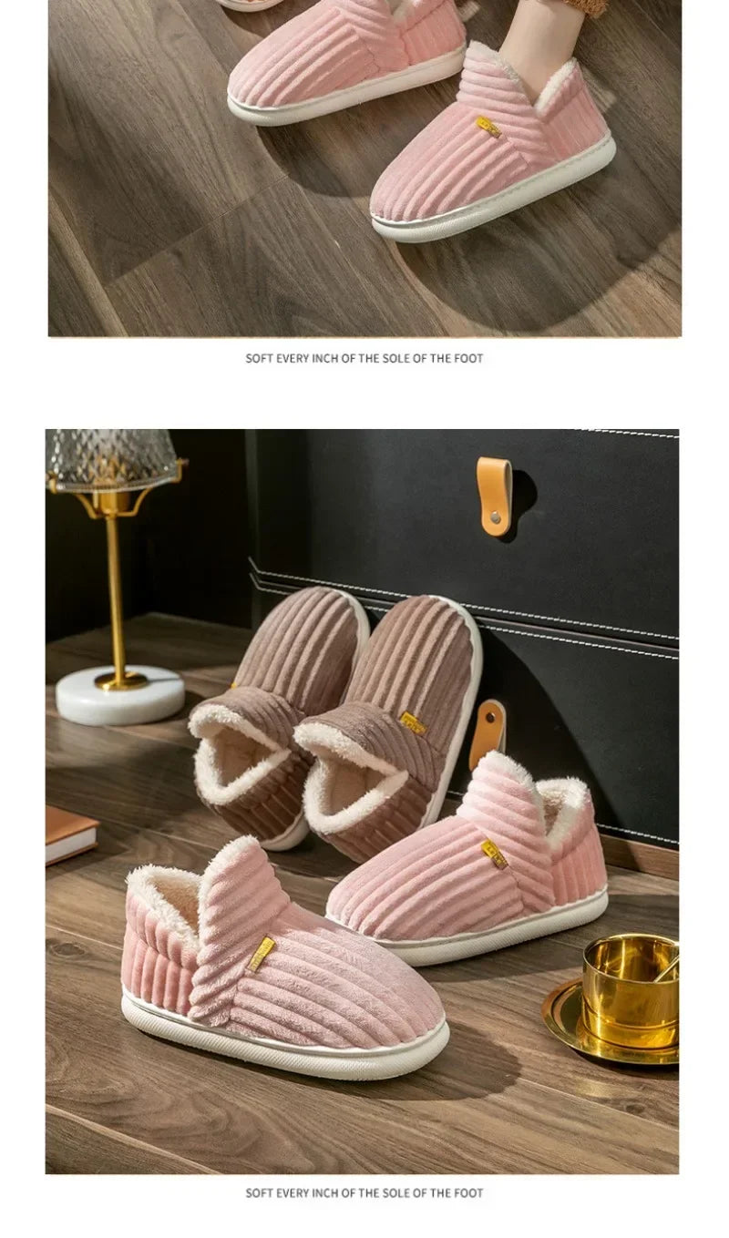 Zapatillas de piel peluda para hombre y mujer, zapatos de algodón con suela suave, cálidos, a la moda, de felpa, para el hogar