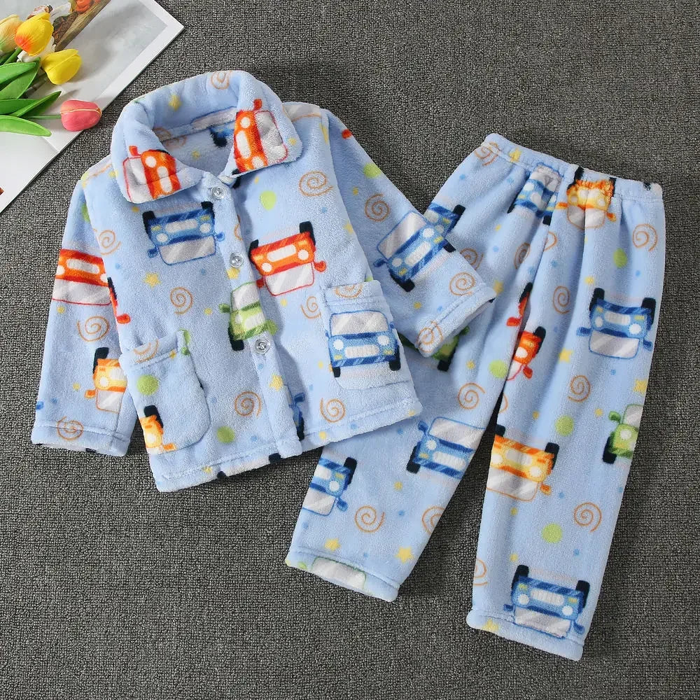 Conjuntos de pijamas cálidos de Franela suave para niños, abrigo con solapa de dibujos animados bonitos y pantalones, ropa de dormir informal para niños, Otoño e Invierno
