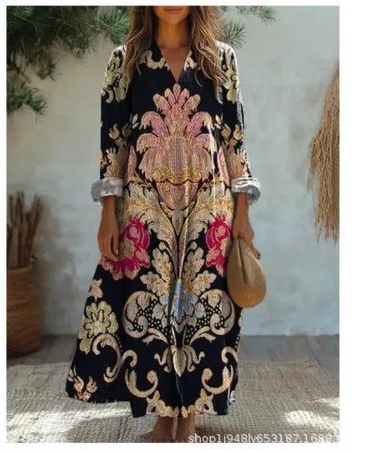 Vestido camisero con estampado Floral para mujer, vestido holgado a la moda con cuello en V, corte en A, elegante, para vacaciones en la playa, estilo sol, principios de otoño