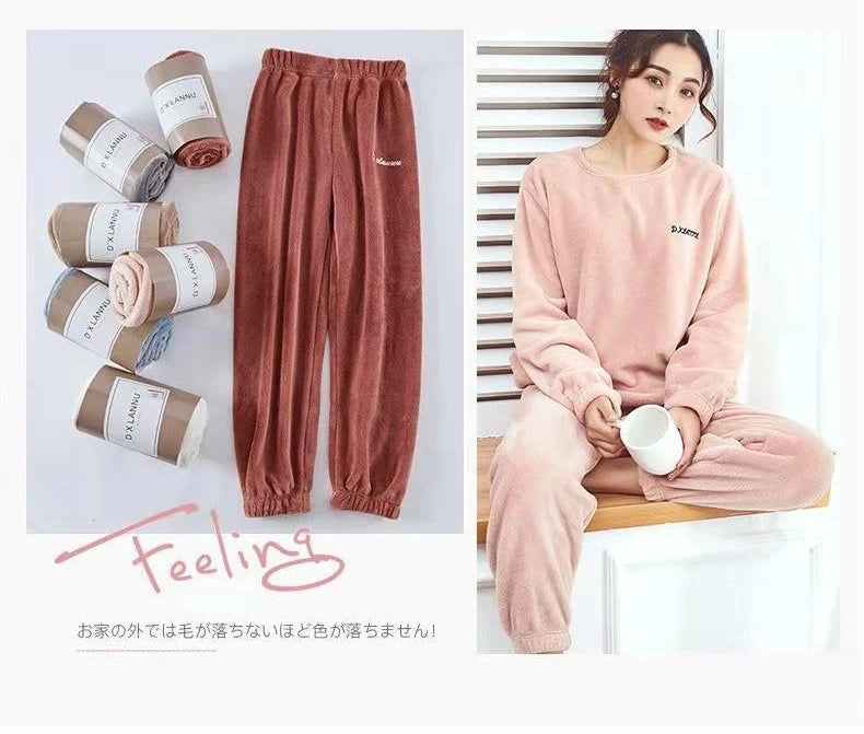 Pijamas de invierno de franela cálida para mujer, ropa de ocio gruesa, conjunto de pijamas lisos de manga larga de terciopelo Coral sencillo, 2025-26