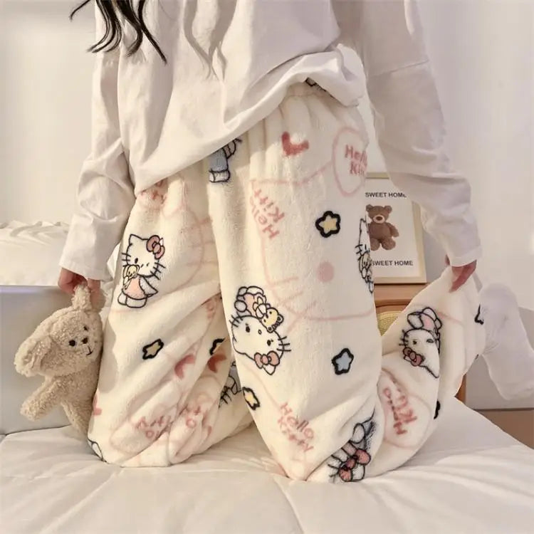 Pantalones de pijamas de franela de invierno para mujer, pantalones de felpa de Hello Kitty Sanrio Kawaii, pantalones cálidos de terciopelo Coral grueso para dormir, pantalones de casa