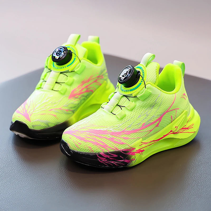 Zapatillas de deporte para estudiantes, bonitos zapatos para correr con grafiti para niños, botón giratorio, otoño 2025, nuevos zapatos de baloncesto para niños, fondo suave