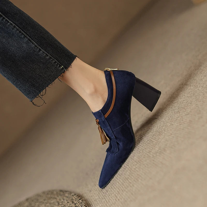 2025 primavera zapatos de mujer puntiagudos tacón grueso zapatos de tacón alto de gamuza de oveja zapatos con hebilla de cinturón para mujer zapatos de mujer