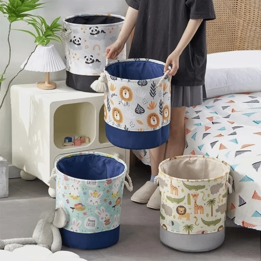 Cesta de almacenamiento de juguetes de dibujos animados, cesta de lavandería de lona portátil plegable con asa, organizador grueso, organización de ropa