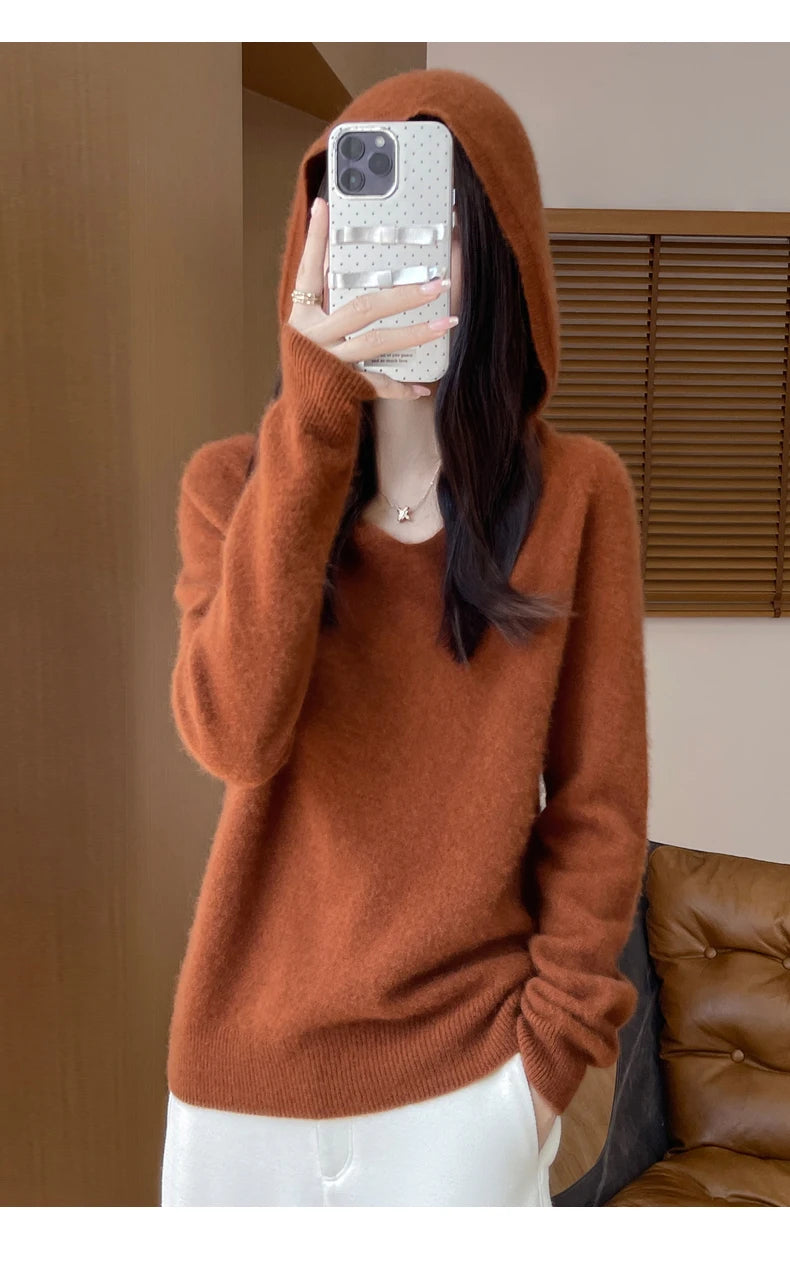 Ropa de Otoño Invierno para mujer, jersey con cuello con capucha, suéter de lana merina de 100%, Tops de Cachemira a la moda, prendas de punto suaves