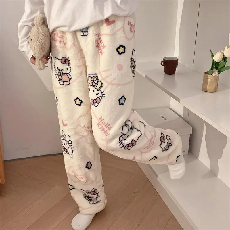 Pantalones de pijamas de franela de invierno para mujer, pantalones de felpa de Hello Kitty Sanrio Kawaii, pantalones cálidos de terciopelo Coral grueso para dormir, pantalones de casa