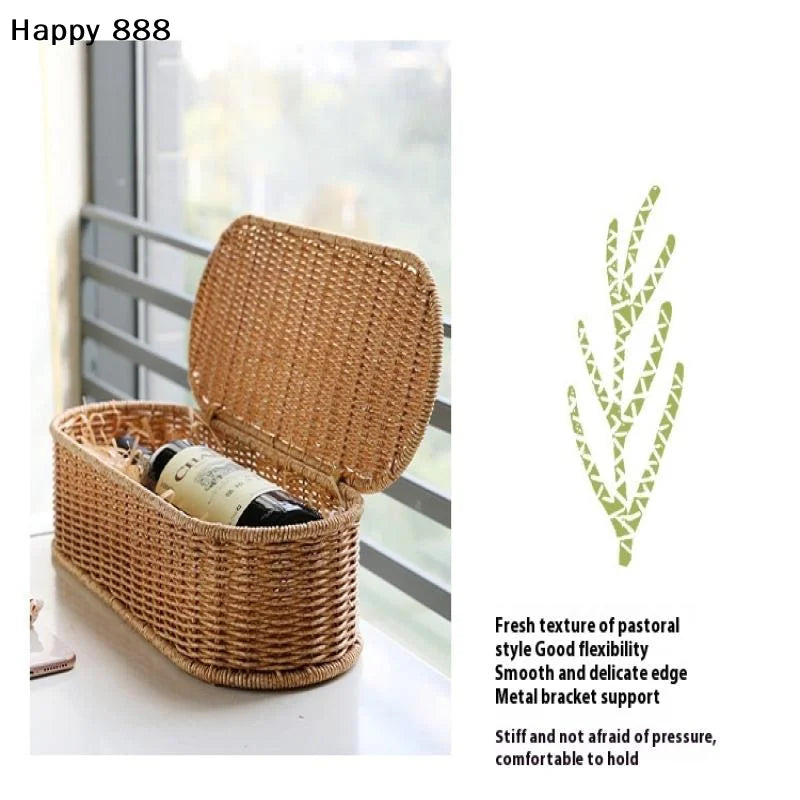 Cesta de almacenamiento de ratán de imitación de estilo bohemio, una caja de almacenamiento tejida con un marco a prueba de polvo para decoración del hogar