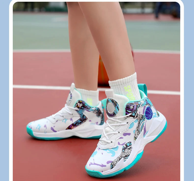 Zapatillas de baloncesto de moda para niños, zapatillas altas, zapatillas deportivas informales para niños, zapatillas de gimnasio antideslizantes con protección en el tobillo para niños