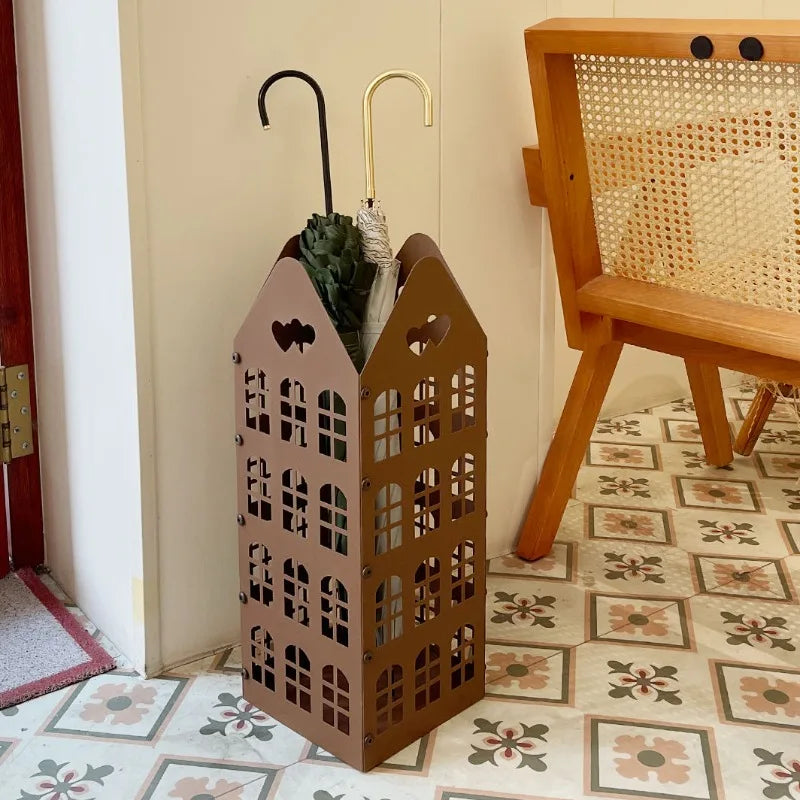 Cubo de Metal para paraguas, soporte moderno para paraguas, cesta para paraguas hueca de entrada elegante, cajas de almacenamiento para paraguas de negocios para interiores