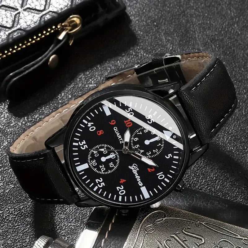 Relógio de movimento de cuarzo versátil masculino, gafas de sol bonito, carteira casual, presente perfecto para festa 3 peças