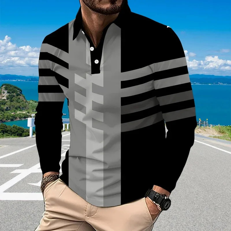 Ropa de golf para hombre con estampado de rayas negras a la moda, polo con botones y cuello blanco, ropa para hombre, solapa de oficina de manga larga para hombre