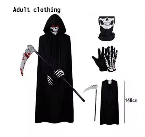 Disfraz de Grim Reaper para Halloween, terrorífico disfraz de esqueleto para niños y adultos, Túnica de fantasma y hoz, 2025