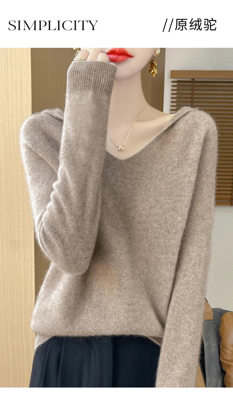 Ropa de Otoño Invierno para mujer, jersey con cuello con capucha, suéter de lana merina de 100%, Tops de Cachemira a la moda, prendas de punto suaves