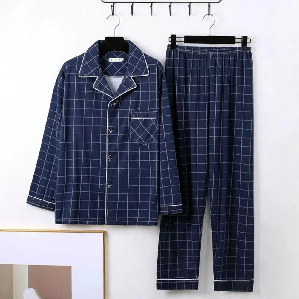 Pijamas acogedores de poliéster para hombre, conjunto de pijamas de otoño e invierno con estampado a cuadros a rayas, solapa a juego, manga larga de un solo pecho