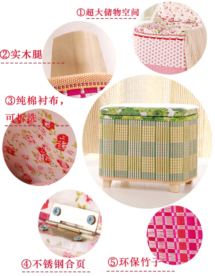 Taburete de almacenamiento tejido de bambú ecológico, caja organizadora multifuncional de madera, banco de sofá para pasillo, balcón, reposapiés para zapatos