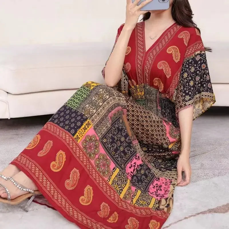 Vestido largo de cuerda Para Mujer, traje bohemio con cuello en V, estilo Retro, informal, estampado coreano, Verano