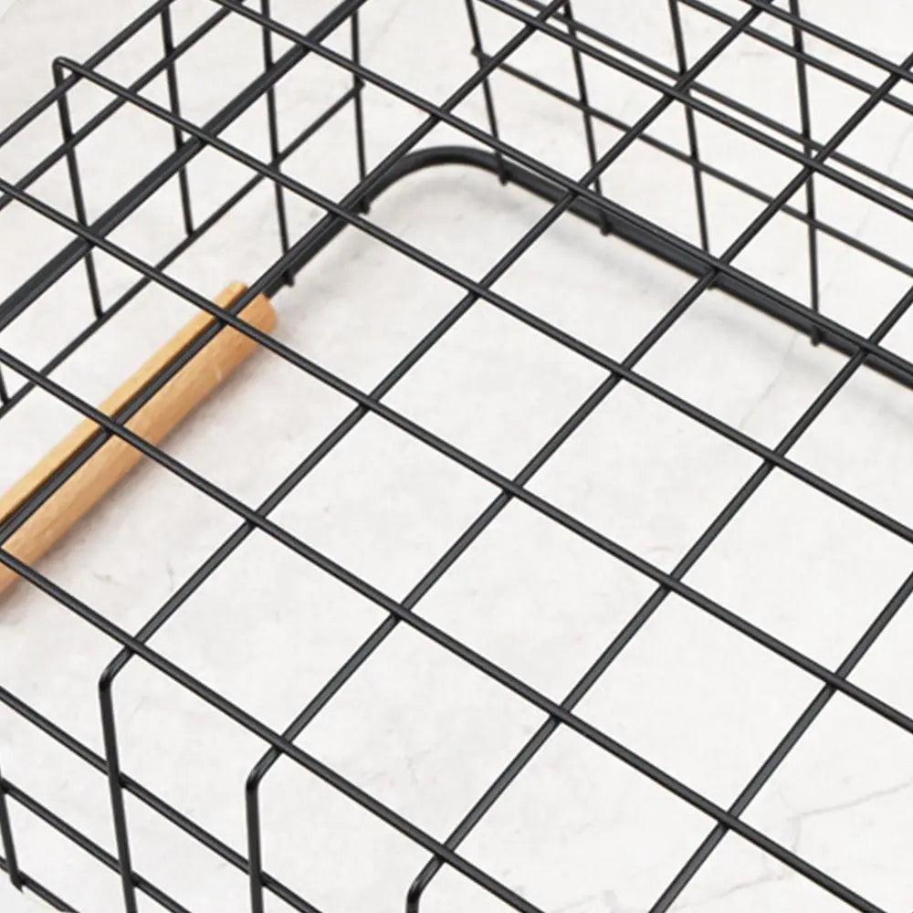 Cesta de almacenamiento de escritorio de Metal, color blanco y negro, con mango de madera, cesta con cable de hierro, contenedor rectangular de artículos diversos de gran capacidad