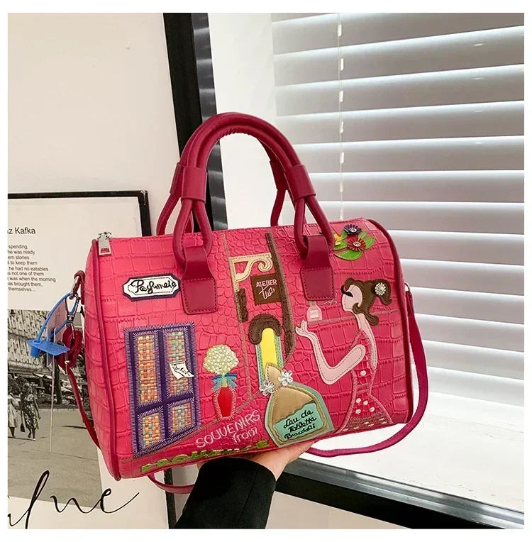 Bolso de mujer tridimensional bordado europeo y americano nuevo bolso Boston de hombro de gran capacidad bolso cruzado de moda