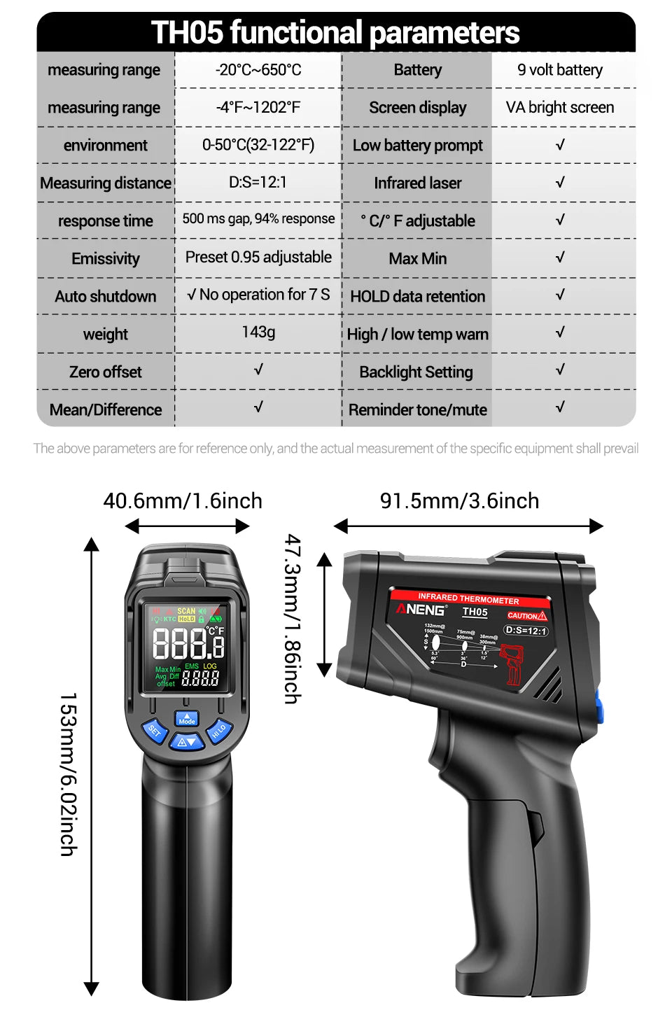 Termómetro Infrarrojo Digital Sin Contacto -20~650 ℃   ANENG TH05 IR láser Termometro pirómetro pistola láser medidor de temperatura herramientas