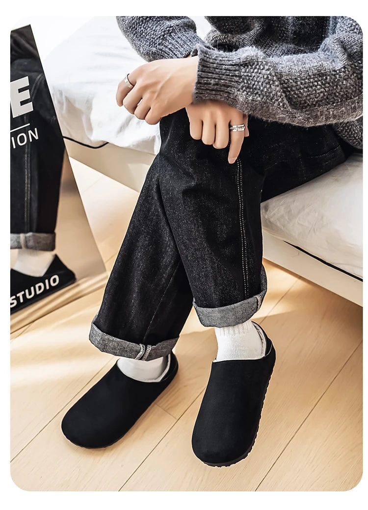 2025 zuecos de moda, zapatillas para hombre, zapatillas planas informales para exteriores, cómodas zapatillas de gamuza de suela gruesa, zapatos de playa antideslizantes para mujer