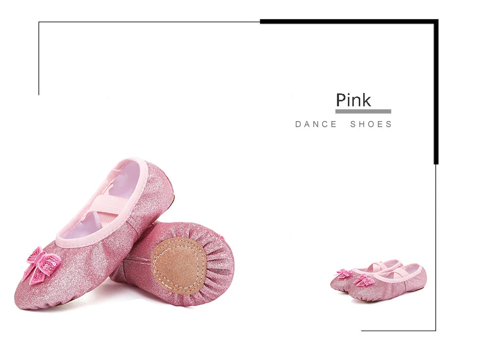Zapatos de baile para niños, zapatos planos de Ballet para niñas, lazo de arcoíris, lentejuelas, cuero, suela blanda, actuación