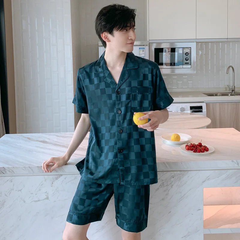 Pijamas para hombre, Primavera Verano, seda fina de hielo, lujoso, holgado, traje para el hogar, conjunto de pijamas de satén para hombre, conjunto de pijamas de noche para hombre