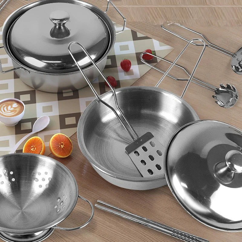 Accesorios para juego de imitación de cocina, juguetes con utensilios de cocina de acero inoxidable, juego de ollas y sartenes, utensilios de cocina, herramienta de aprendizaje para regalos