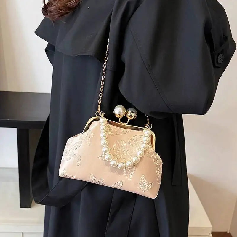 Bolso de mano bordado de estilo bohemio para mujer, bolsos de hombro con patrón floral, elegante bolso con correa de cadena y asa de metal, cartera de regalo