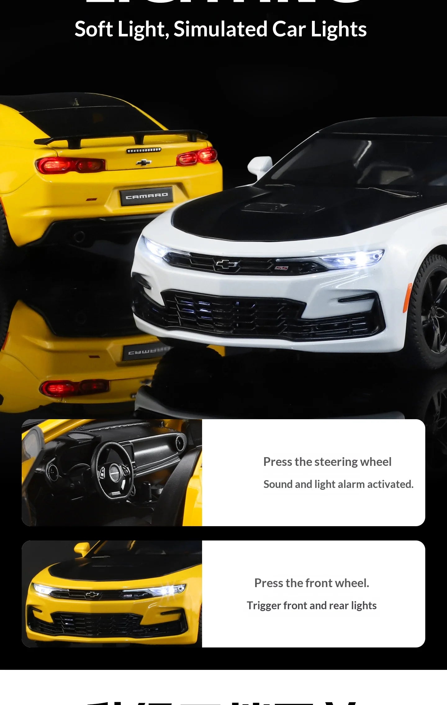 Modelo de coche de aleación Camaro - Puertas abiertas - Absorción de impactos de neumáticos de goma - Cuerpo de metal fundido a presión - Decoraciones para automóviles