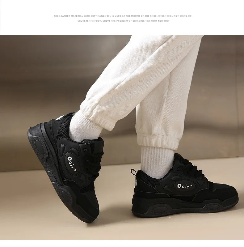 Zapatillas de deporte gruesas para hombre, zapatos de suela suave para correr, informales, de cuero de microfibra, transpirables, con plataforma aumentada de altura