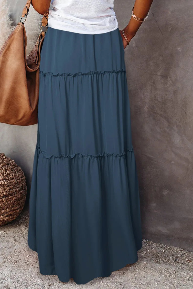 Falda larga de Color liso para mujer, falda en capas de seta de moda, falda elástica de cintura alta con volantes, primavera y otoño, nueva