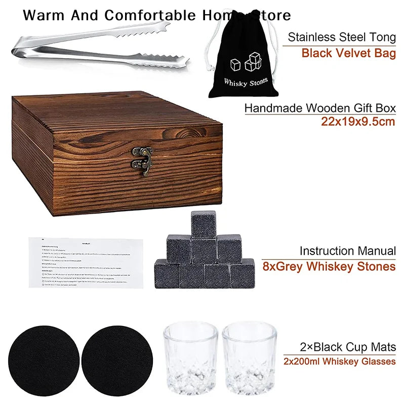 Regalo del Día del Padre para Hombres, Juego de Vasos con Piedras para Whisky, Bloque de Granito para Whisky en Caja de Madera, Regalo para Papá o Esposo