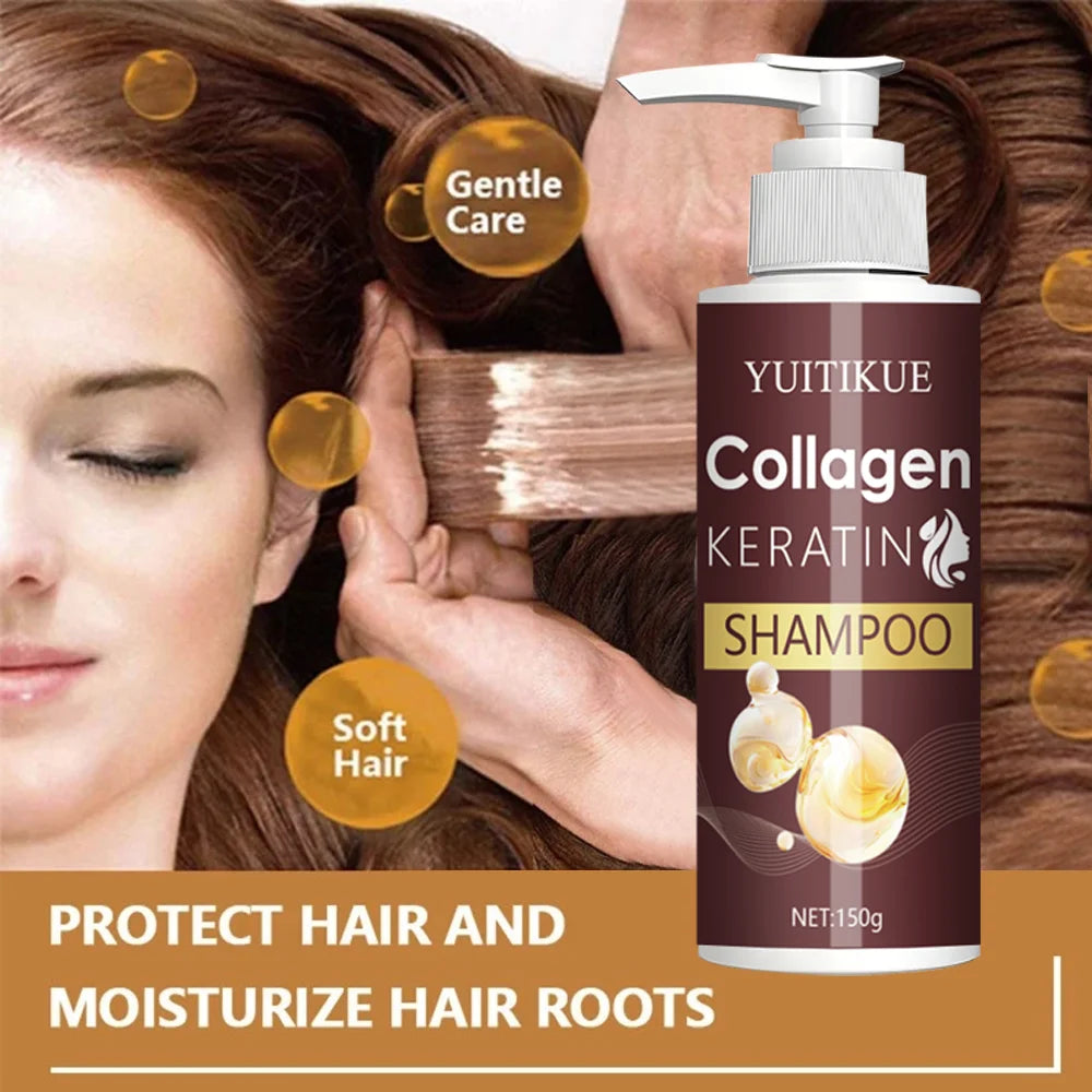 Champú de queratina de colágeno 150 g: nutre las raíces del cabello, suaviza y brilla, reparación suave, diseño de cabezal de bomba