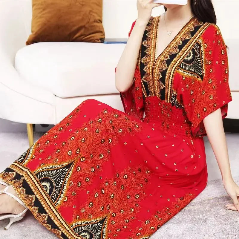 Vestido largo de cuerda Para Mujer, traje bohemio con cuello en V, estilo Retro, informal, estampado coreano, Verano