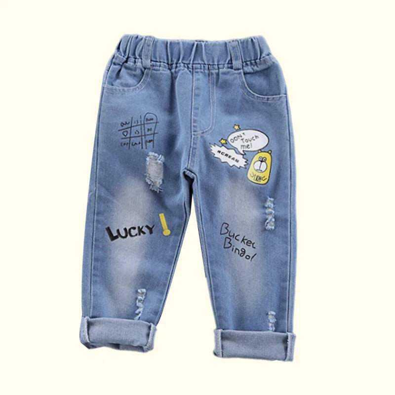 Primavera otoño niños Jeans niños algodón estampado empalme pantalones vaqueros elásticos pantalones coreanos para adolescentes ropa para niños DenimRipped
